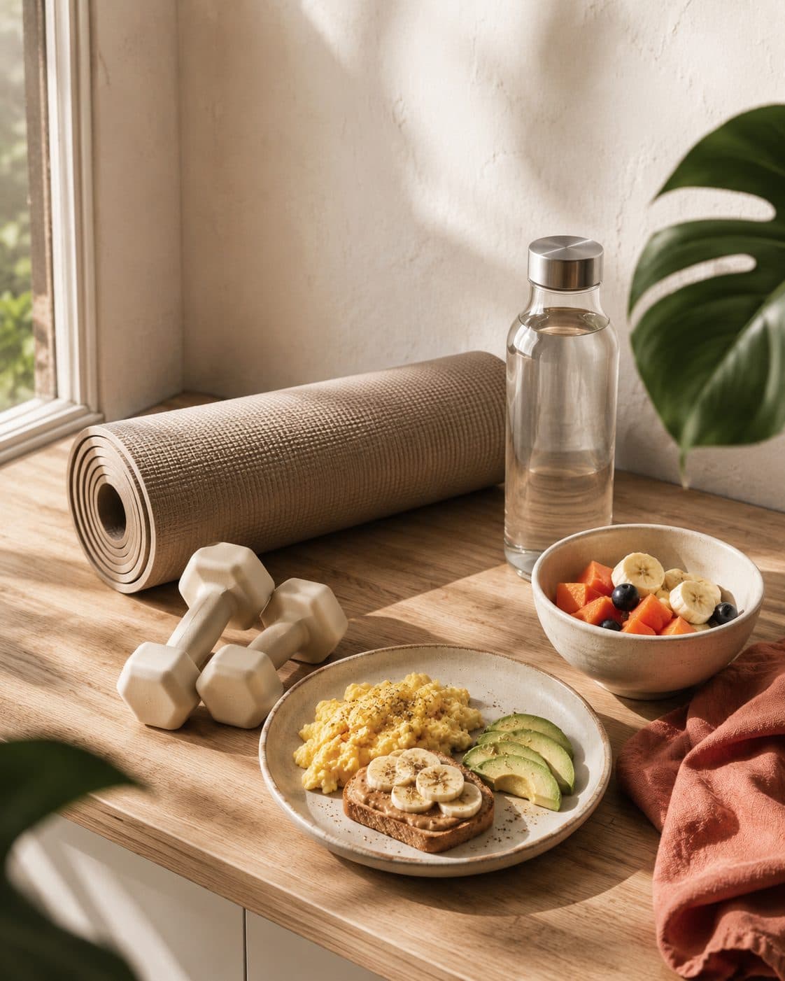 Encimera de cocina junto a una ventana con una esterilla enrollada, unas mancuernas, una botella de agua y un desayuno con huevo, aguacate y fruta